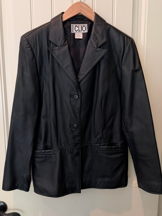 Jackets & Blazers - CLIO Black 100% Leather Blazer Jacket Medium Detailed Trim Chic Elegant Vibe EUC
